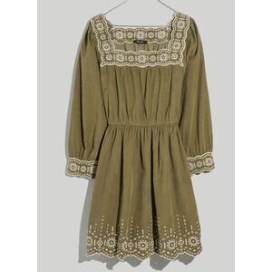 Madewell Embroidered Corduroy Square-Neck Mini Dress  Medium Long Sleeve Green